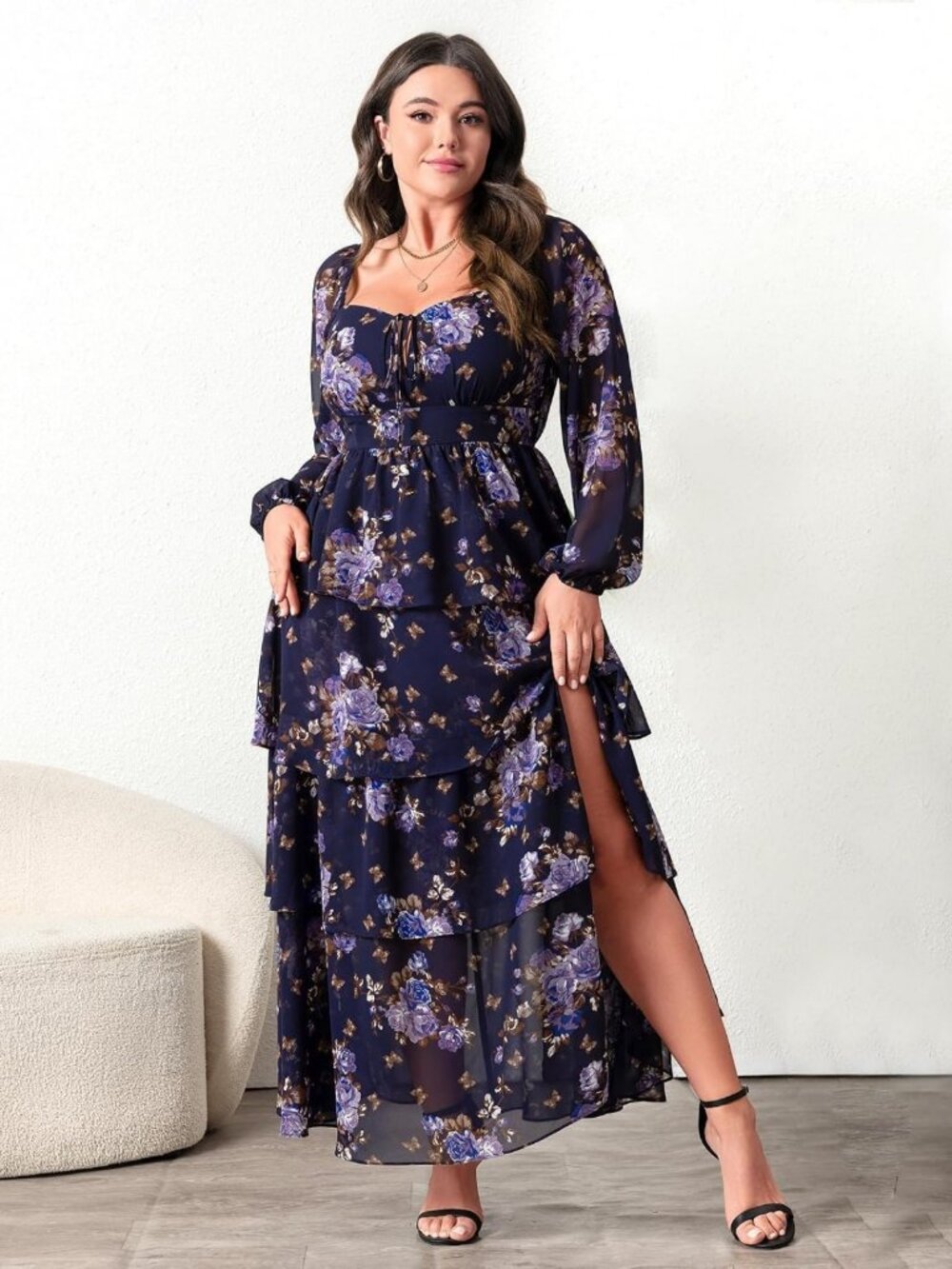 Plus Size Floral Tiered Long Sleeve Dress for Wedding Guests & Semi-Formal - Picture 2 of 8